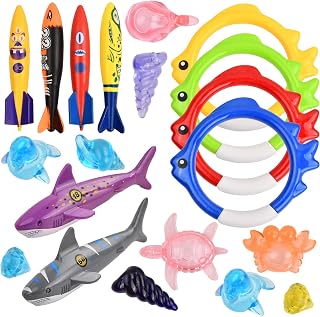 Vesaneae 20PCS Diving Toys Set, Diving Pool Toys, Underwater Diving Toys Set, 4 Pcs Diving Rings, 6 PCS Shark Shape Gliding Torpedo For Kids, 10 PCS Gemstones, Swimming Toys For Water Park and Sea