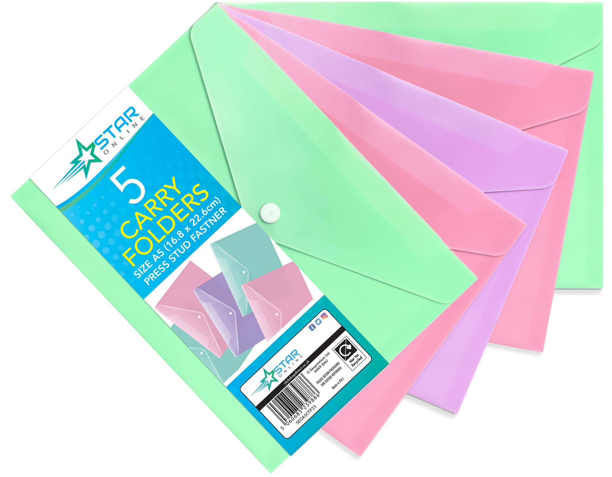 Star OnlineStar Online A5 Pastel Plastic Folder Pack of 5 Assorted Colours – Day Document Stud Wallets Carry Popper Folder Pink Purple Teal