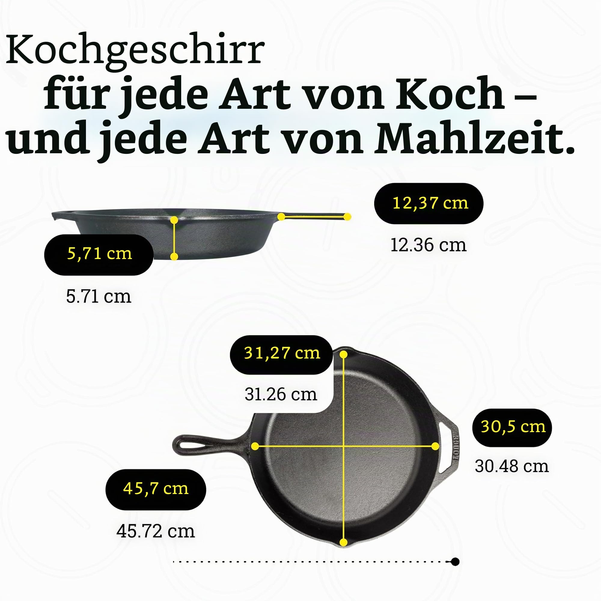 Lodge Bratpfanne Ø 30cm, Höhe 5cm, aus Gusseisen, rund mit Griff, schwarz (1 Stück) | Camping-Kochutensilien