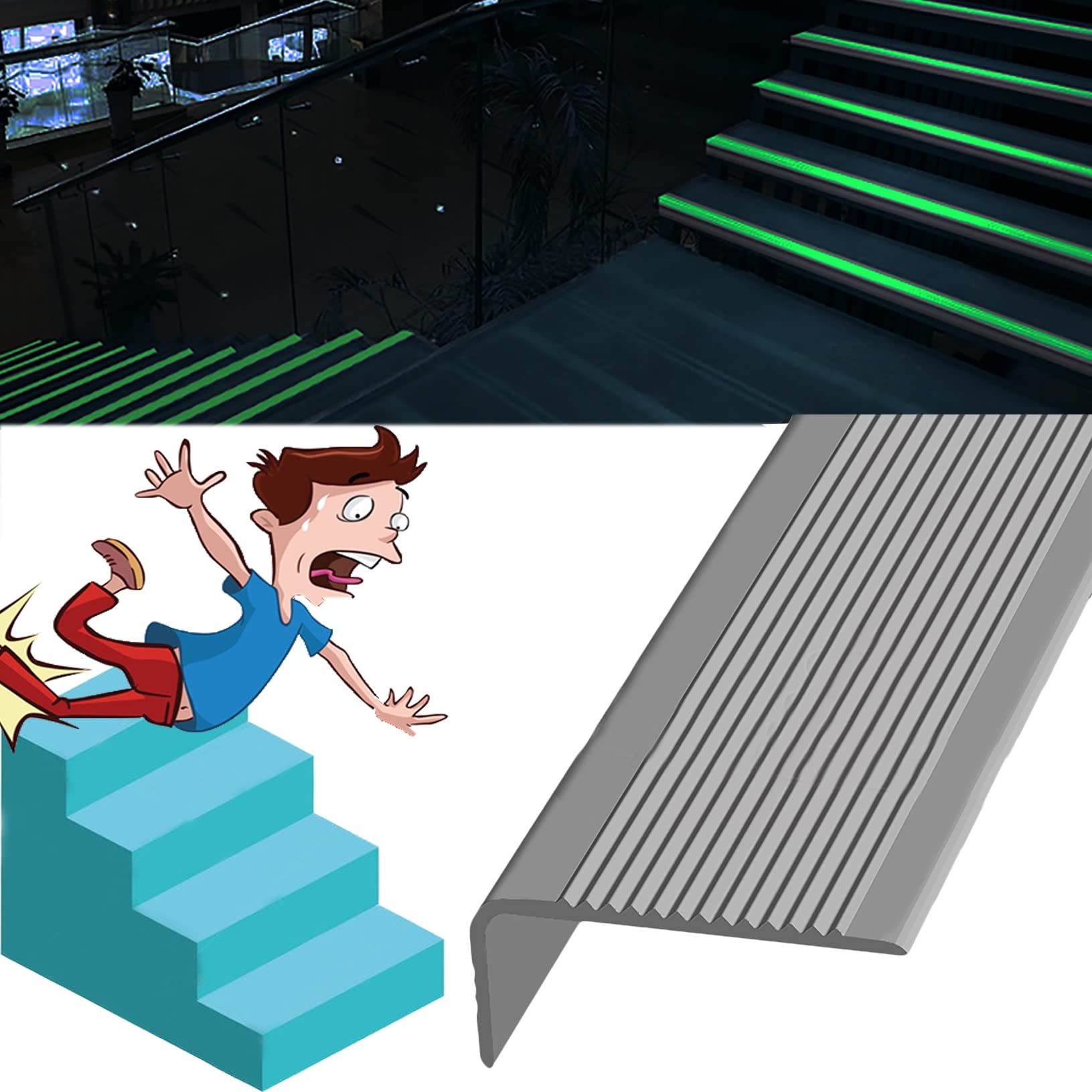 Tiras antideslizantes para peldaños de escalera, cinta fluorescente autoadhesiva para bordes y ventanas, 3 x 7 cm, color gris, 3000 pulgadas de longitud, perfectas para bricolaje en el hogar y agarre