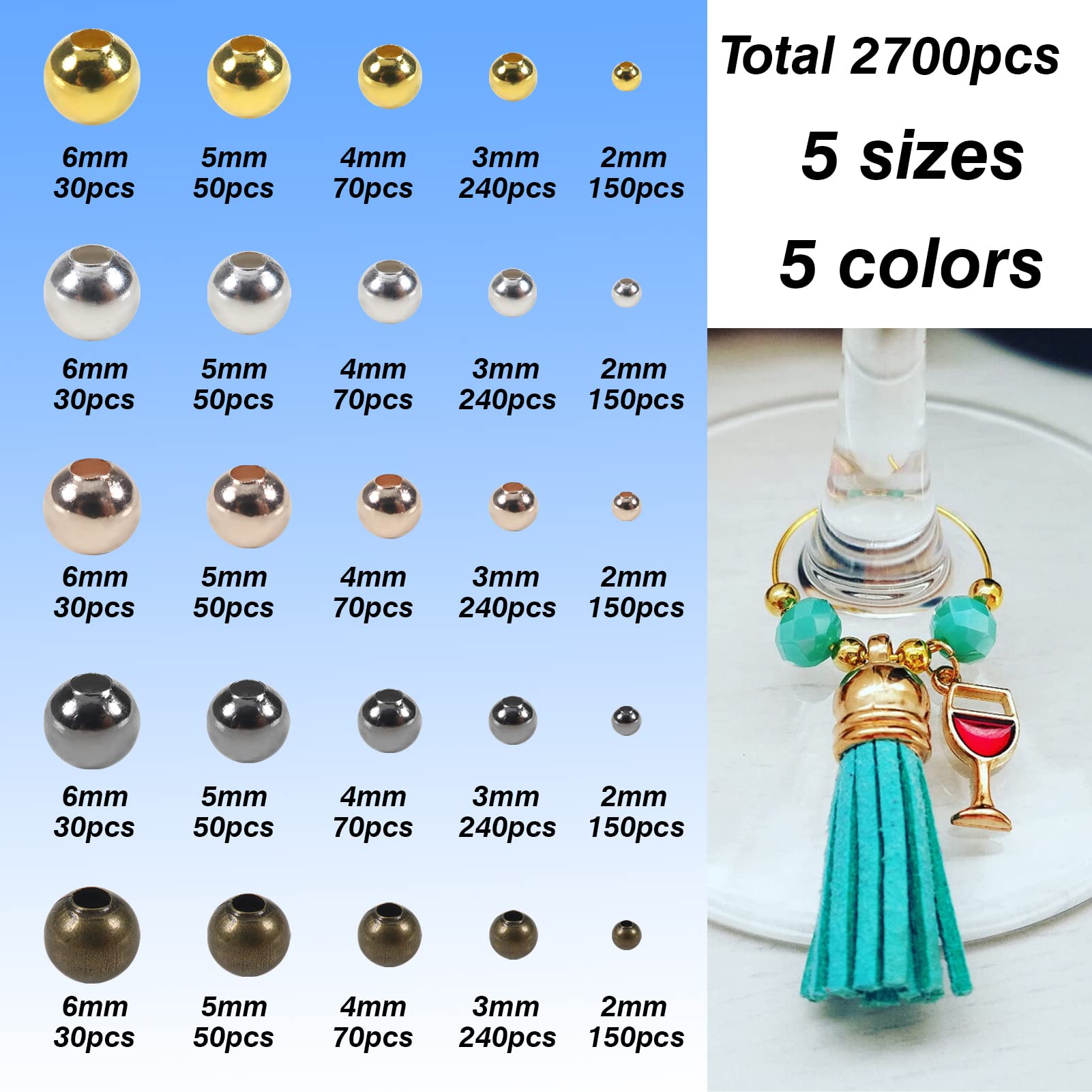 TOAOB 2700pcs Spacer Beads for Jewelry Making 2mm to 6 mm Round Loose Metal Seed Beads 5 Color for Bracelets Necklace Earring DIY Crafts Supplies - Image 3