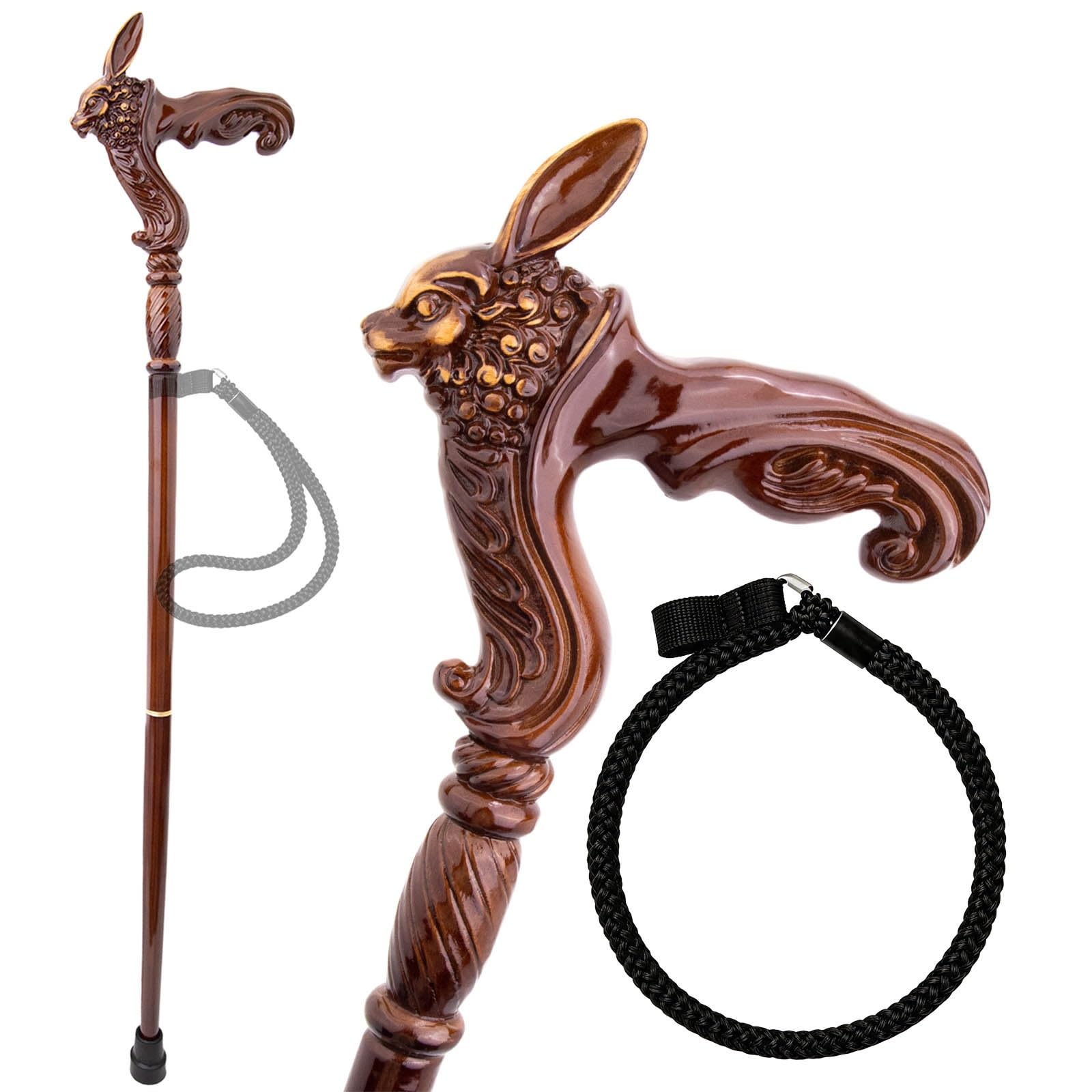 Drewniana Laska Z Paskami Na Nadgarstki, Elegancka, Ręcznie Rzeźbiona Drewniana Laska W Kształcie Królika Dla Seniorów, Do Rehabilitacji I Za Pomoc W Poruszaniu Się, 95,5 Cm(Black)