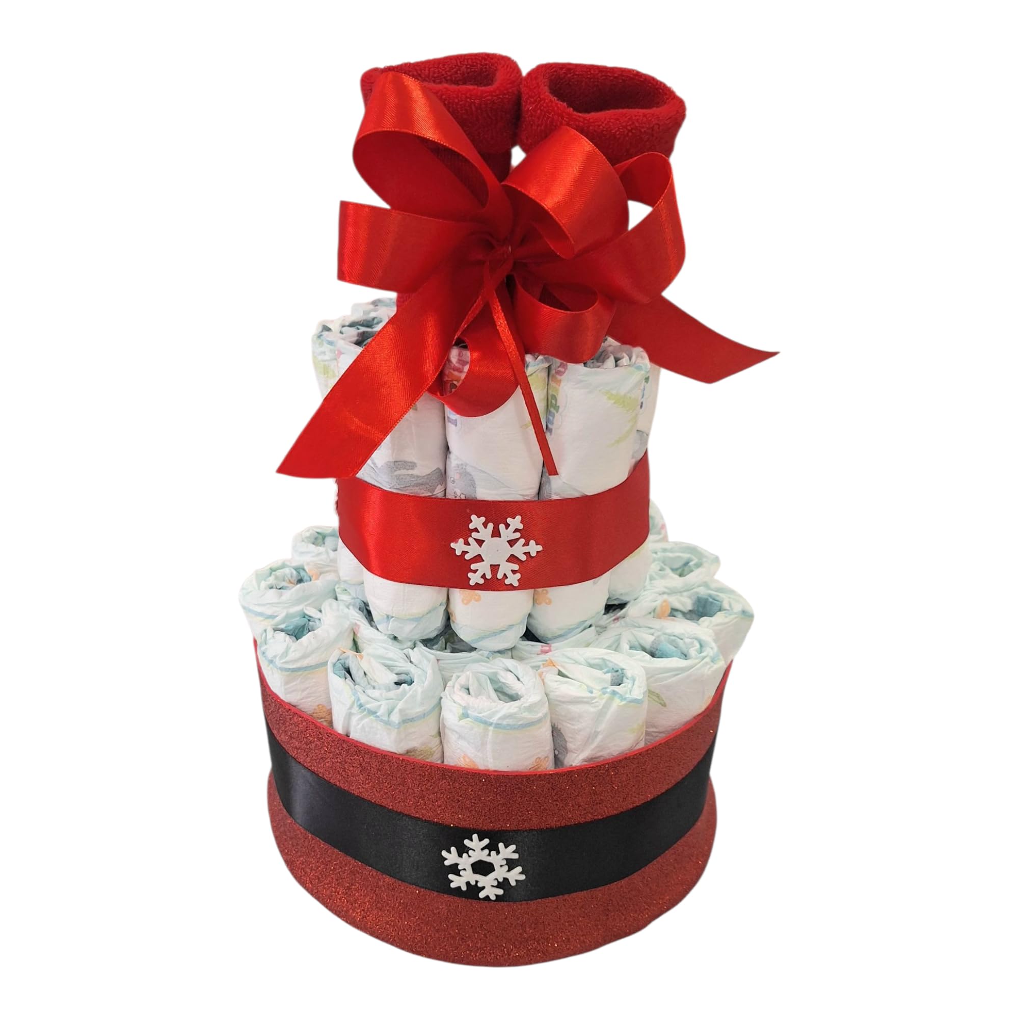 MC® Torta di Pannolini Natalizia, 32 Pannolini, Calzini Antiscivolo, Design Natalizio con Fiocco Rosso e Fiocchi di Neve,MC Composizioni 32cm x 23cm