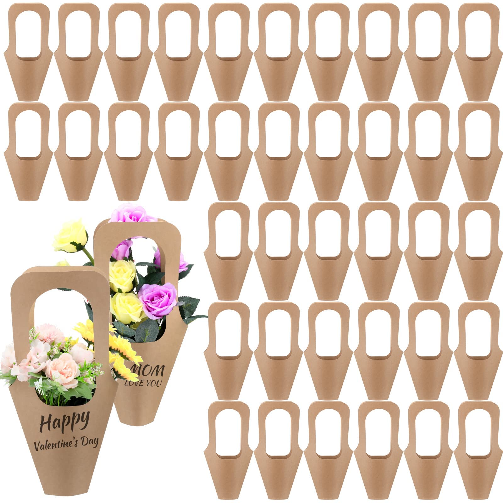 20 Pcs Kraft Paper Flowers Gift Bags Brown Bouquets Bags with Handles Creative Floral Wrapping Paper Bouquet Cone Florist Flower Sleeves for Flower Packaging Wrapping Gift Home Decoration