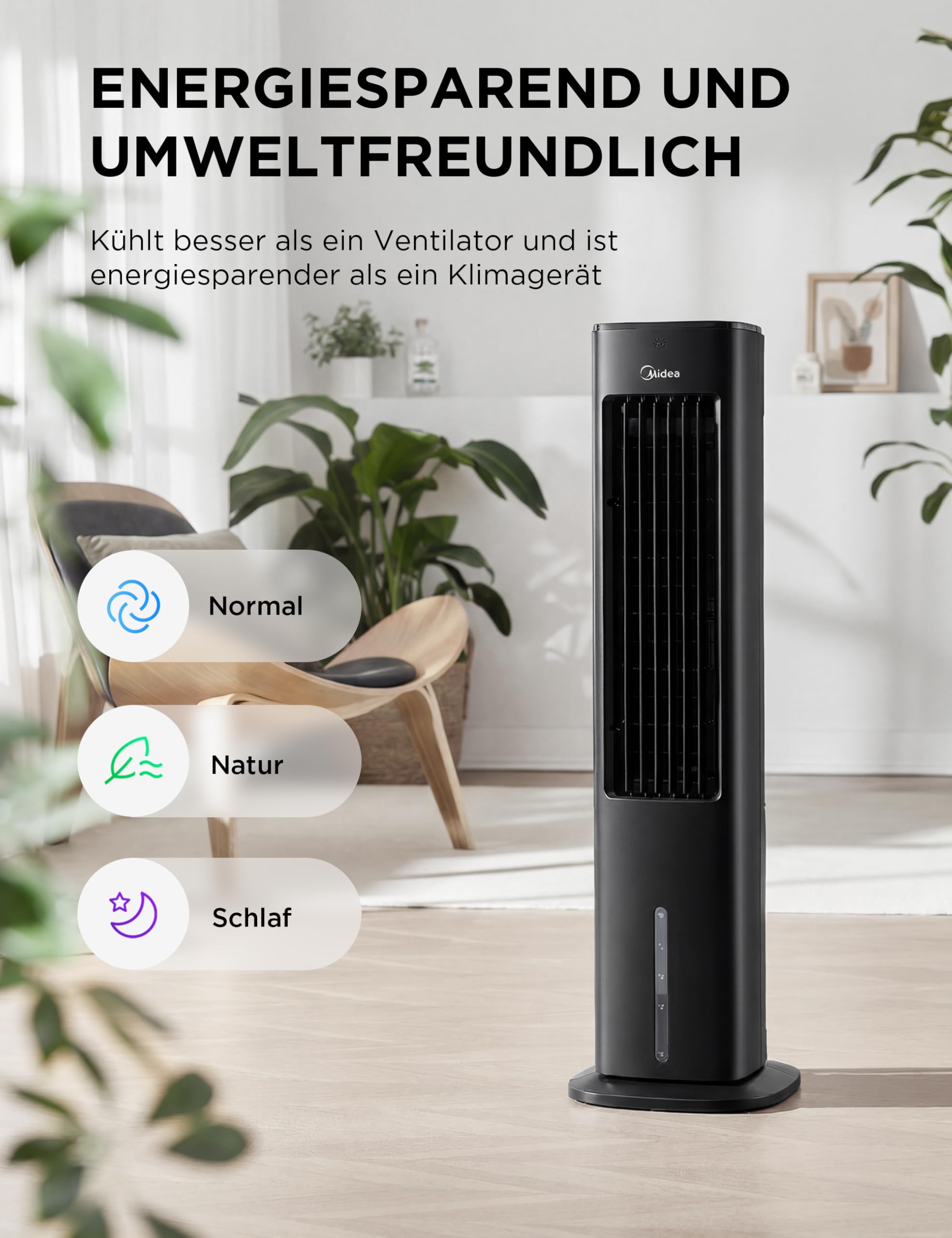 Midea AC100-20ARB(BK) Turmventilator mit Wasserkühlung – 4-in-1 mobiler Luftkühler, Ventilator, Luftbefeuchter & Reiniger mit Fernbedienung, für Schlafzimmer, Home-Office, 5L Tank, Schwarz