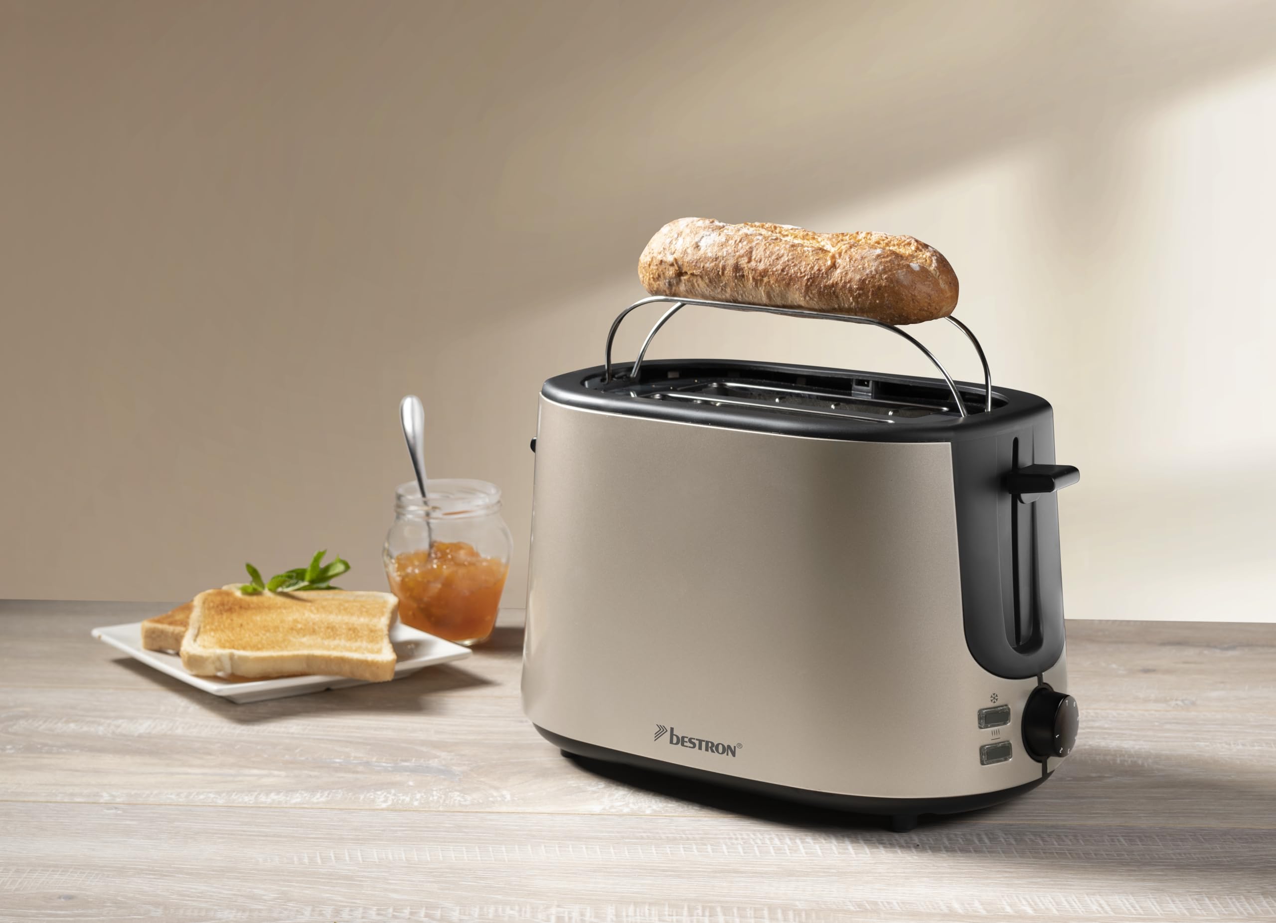 Bestron grille-pain, Toaster pour 2 tranches & avec 7 niveaux de brunissage, tiroir à miettes & support à petits pains, Satin Collection, 1000W, Couleur: Beige Clair