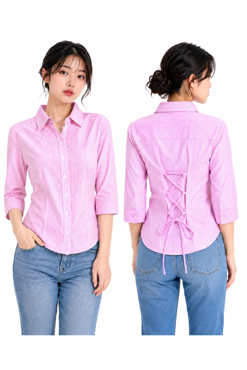 Women Striped Shirt for Women | Stylish Lace-Up Back Casual Office Shirt | 3/4 Sleeve Slim Fit Formal Top for Woman | Smart Casual Look-picture-46