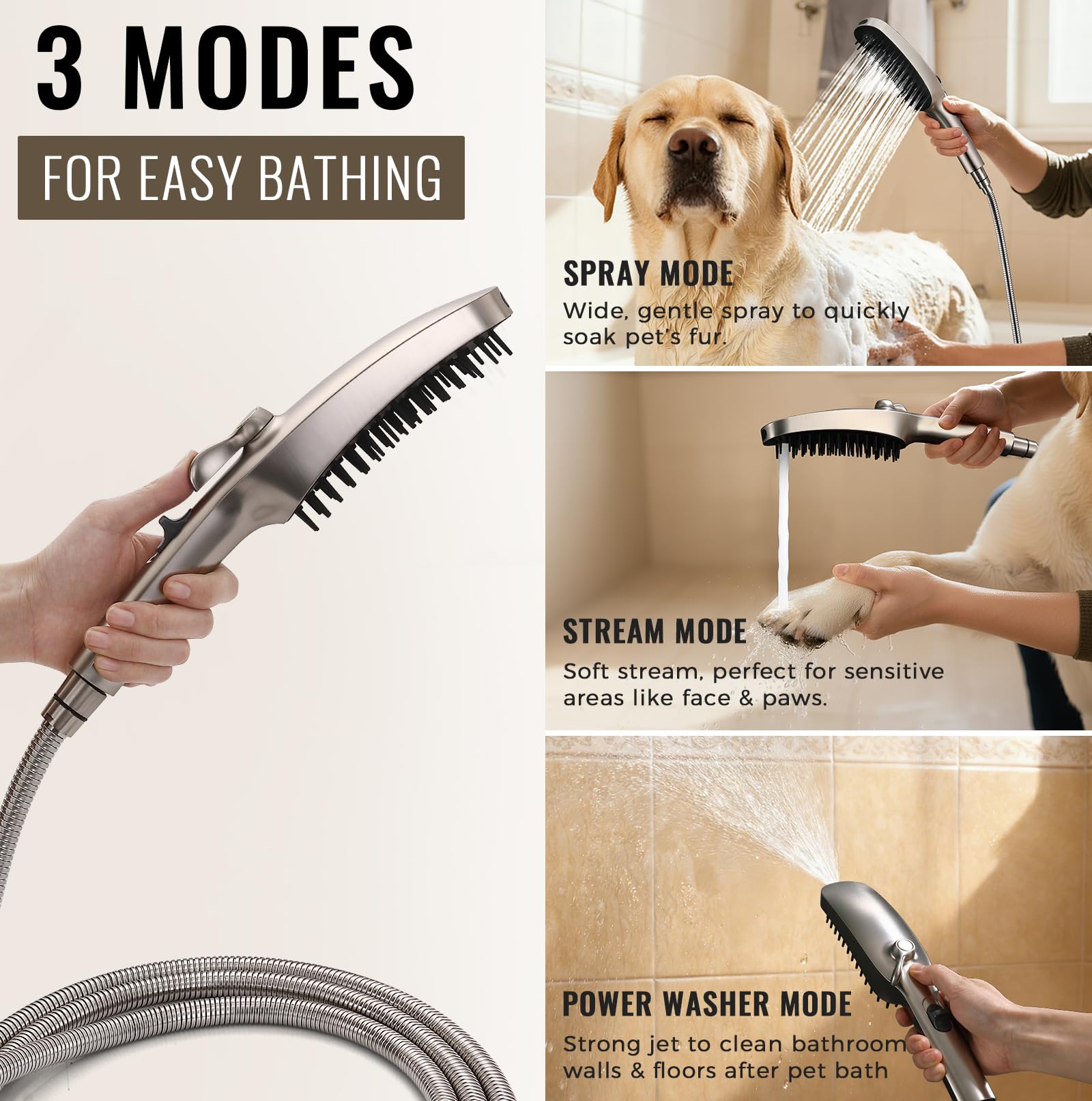 G-Promise Accesorio de ducha para perros de 3 modos con modo de pausa, rociador de ducha para perros con manguera de acero inoxidable de 78 pulgadas, desviador de metal, soporte adhesivo, para un baño