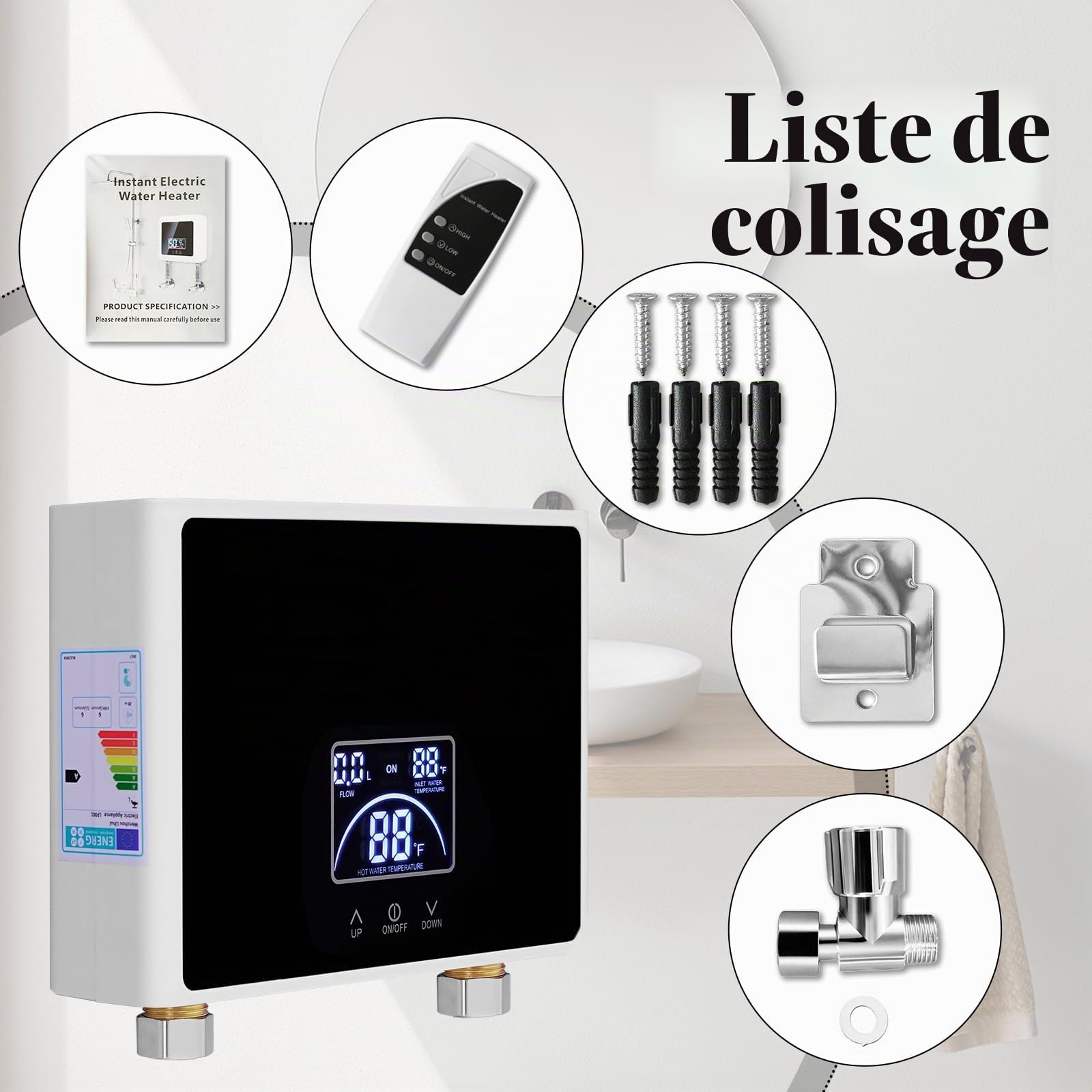 Chauffe-eau Instantané, 5500W Chauffe-eau électrique avec Écran LED | Mini Chauffeeau 230V pour Cuisine et Douche Salle de Bain, Sans Prise, Résistant à la Pression, Chauffage Rapide,Étanche IPX4