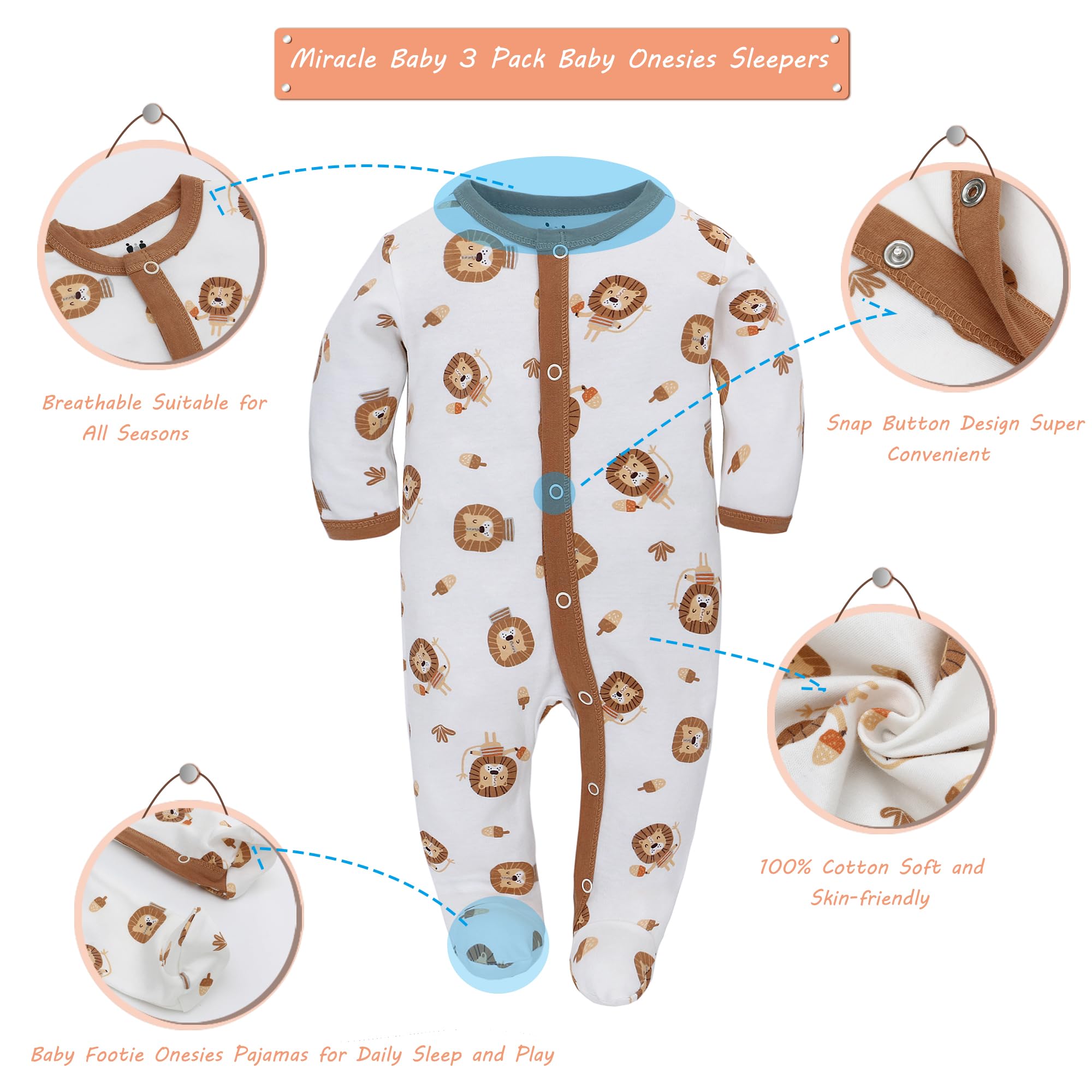 Miracle Baby 3 pièces bébé barboteuses bébé pyjama sac de couchage en coton avec pieds avec boutons Gr. 56 62 68 pour nouveau-né filles Garçon