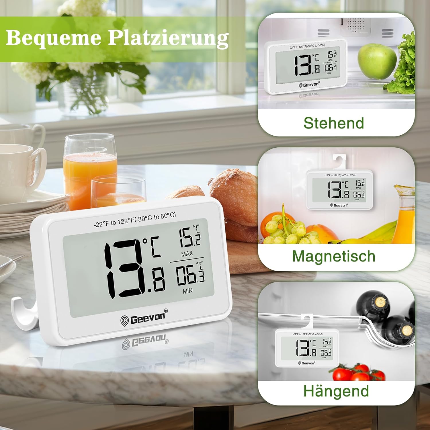 Geevon Digital Refrigerator Thermometer shown in various placement options: standing on a shelf, magnetically attached to a wall, and hanging from a rack.