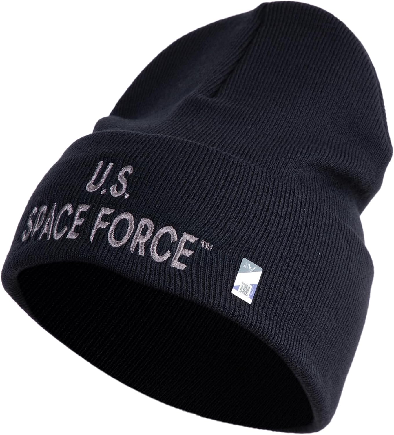 US Space Force Grey Letter Logo Embroidered 12 Inch Solid Knit Cuff Long Beanie Made in USA