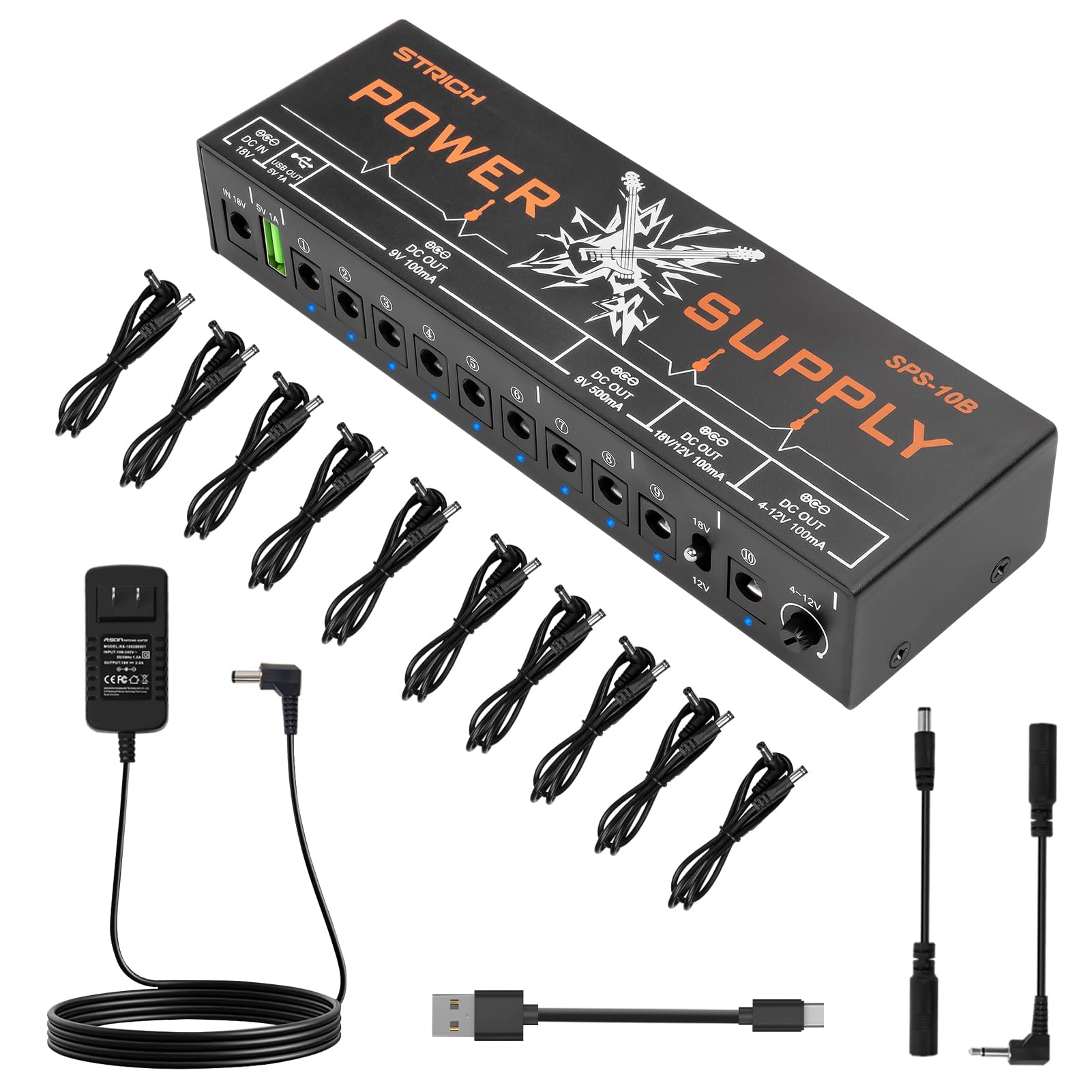 STRICH SPS-10B Pedal Power Supply, 10 Isolated DC Output for 9V(100mA, 500mA), 12V / 18V (100mA) Guitar Pedal, Adjustable DC Output(4-12 V 100mA), Noiseless, 5V 1A USB Port Supports Mobile Devices