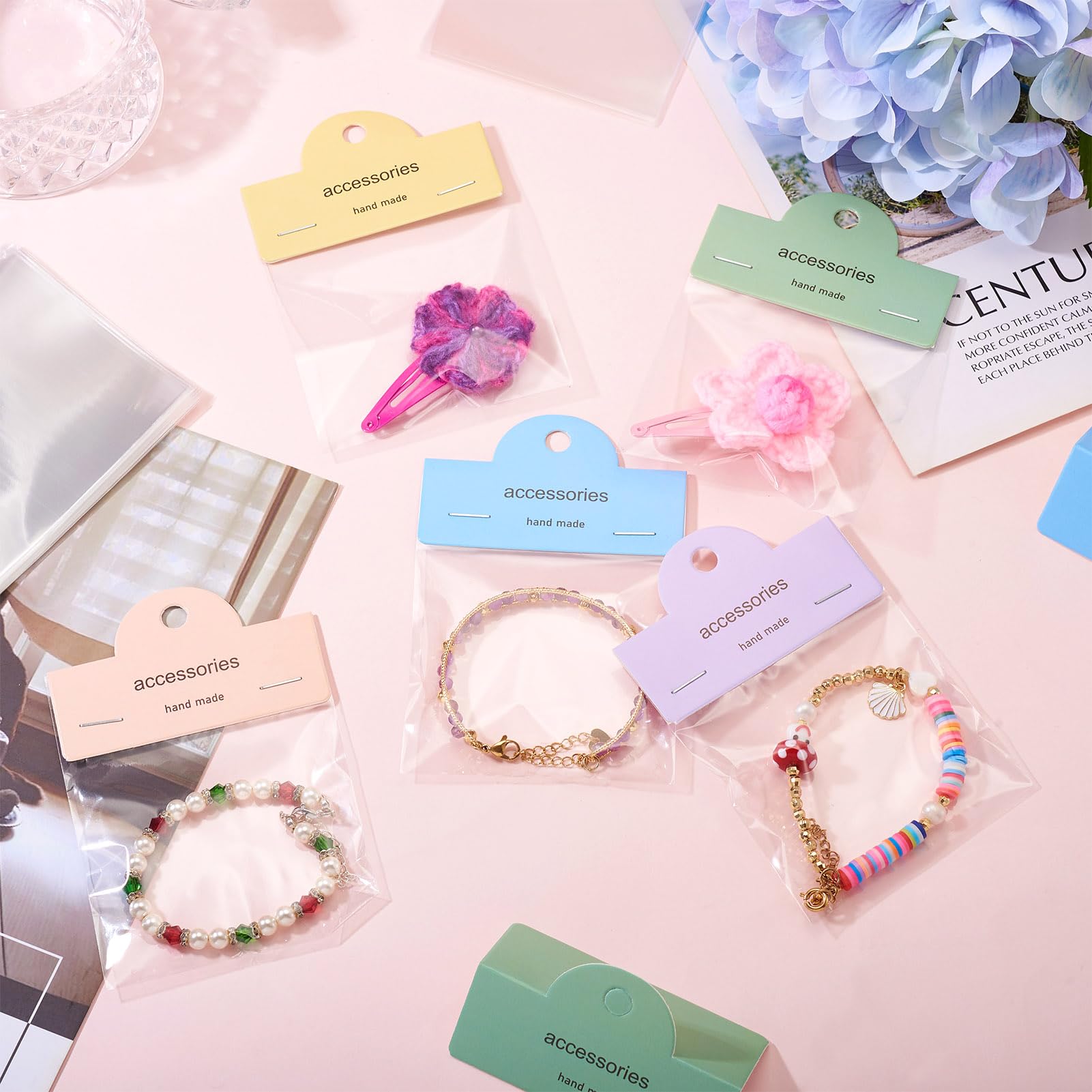 Sparkeads 100 Pcs Bracelet Display Bags for Small Business Tiny Earring Package Pouch Word Accessories Printed Card Head with Clear Bag for Key Chain Jewelry Hair Clip Selling(Green)