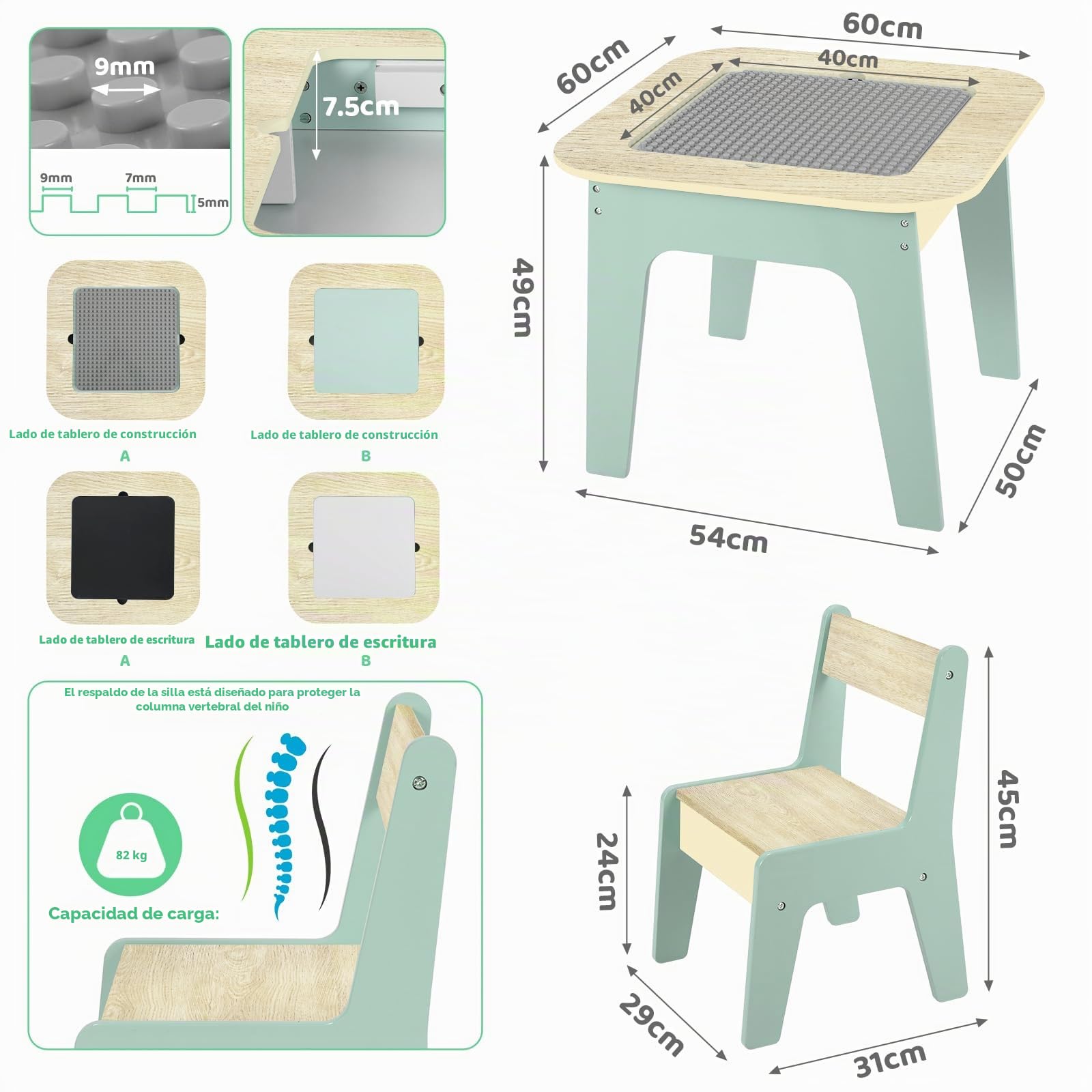 MAMIZO Mesa Infantil con 2 sillas, Doble tableros de Mesa, Grupo de Asientos con Espacio de Almacenamiento, Mueble Infantil para Habitación Infantil, Kindergarten, Sala Juegos, Verde