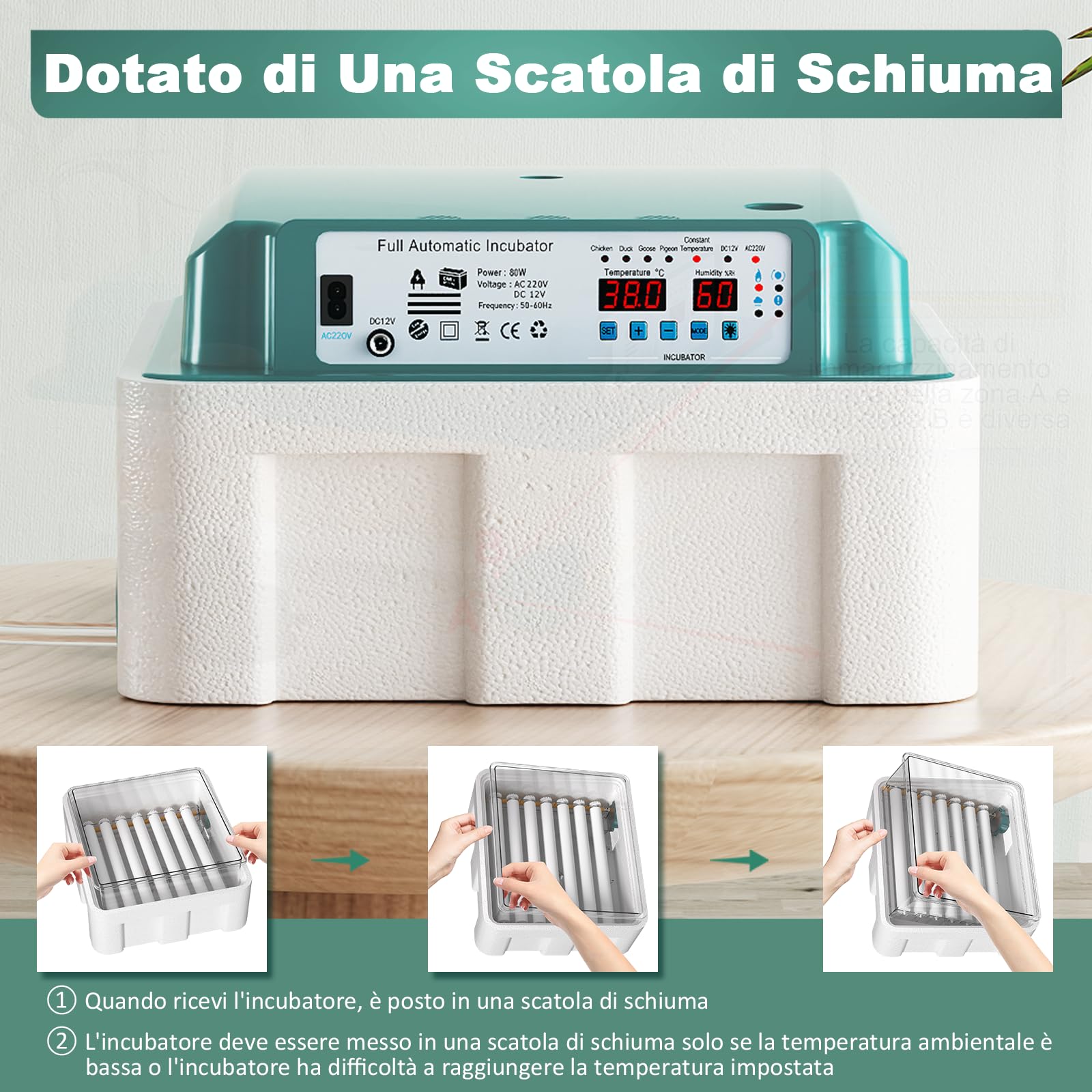 CoInceptus Incubatrice per Uova Automatica, Incubatrice per 24-36 Uova con Rotazione Automatica delle Uova e Aggiunta Automatica dell'acqua, Incubatrice con 4 Modalità di Incubazione Automatiche