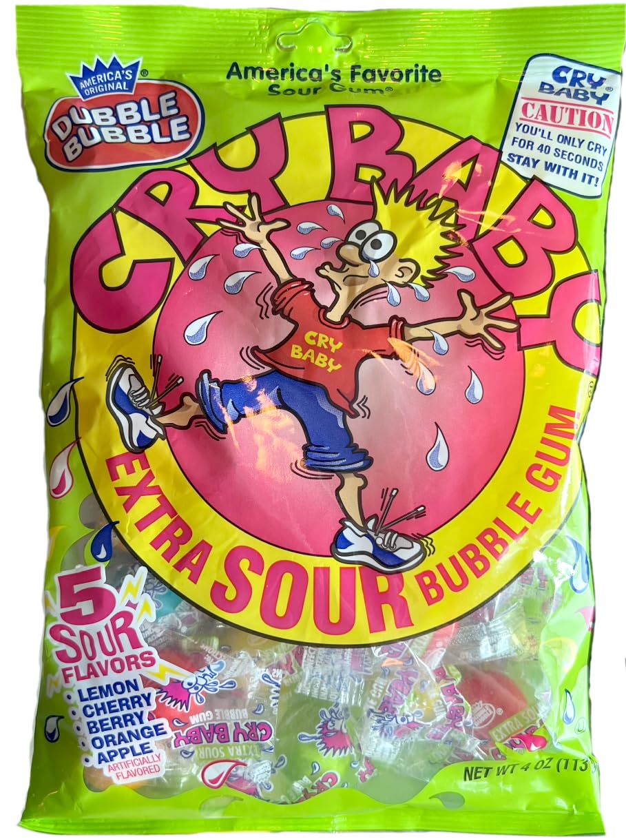 Double Bubble, Cry Baby Extra Sour Bubble Gum, 5 Sour Flavors (Lemon, Cherry, Berry, Orange, Apple)