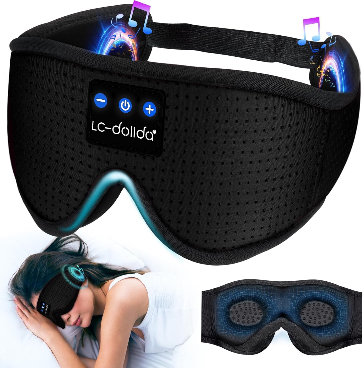 LC-dolida Sleep Headphones, 3D Sleep Mask Bluetooth Wireless, Sleeping Headphones for Side Sleepers Sleep Eye Mask Music Weighted Sleeping Mask