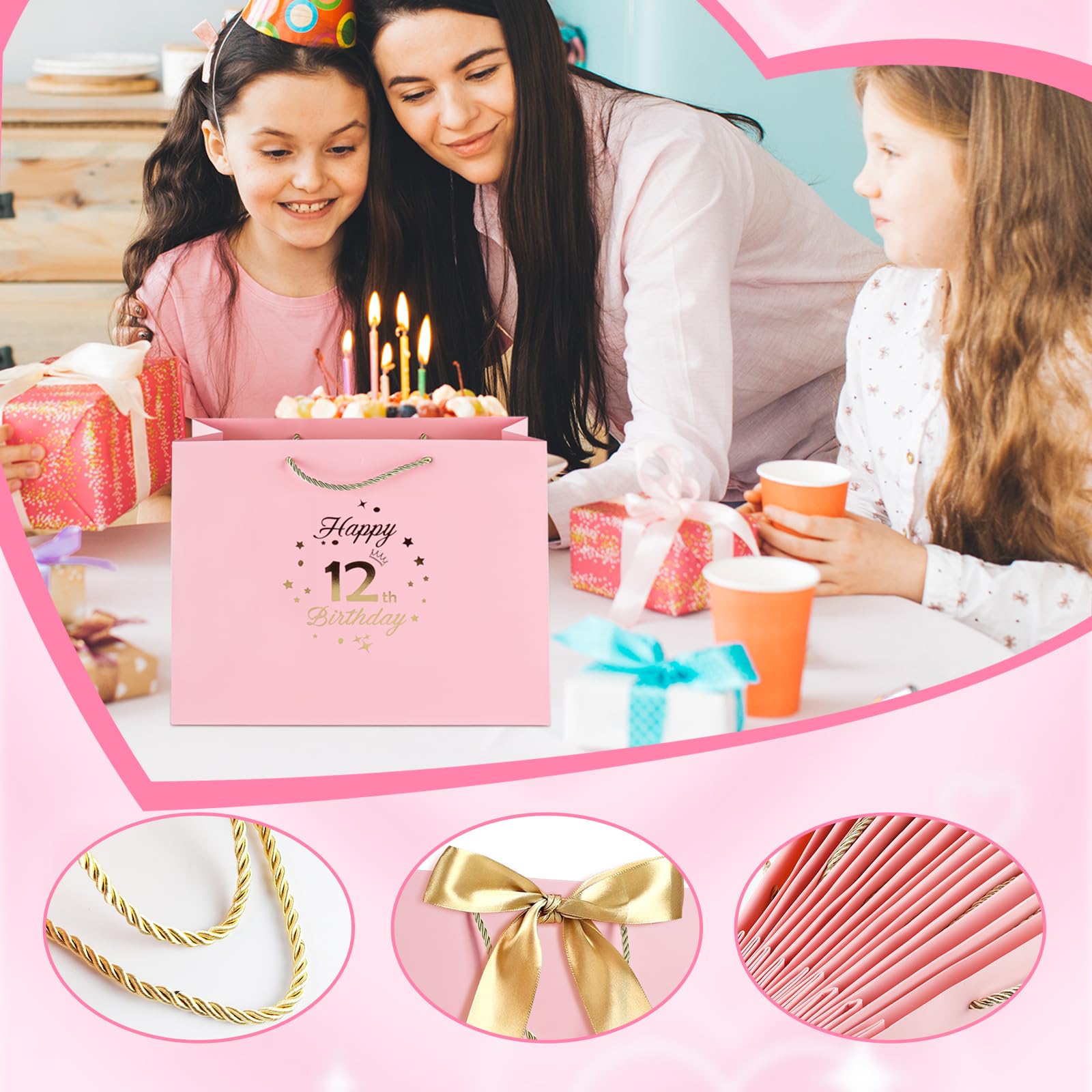 FUNCANDLE Geschenktüte Zum 11. Geburtstag Für Mädchen - Rosa Mit Goldenen Griffen, Größe 32x25x11 Cm, Stabiler Karton, Für Partygeschenke Und Deko