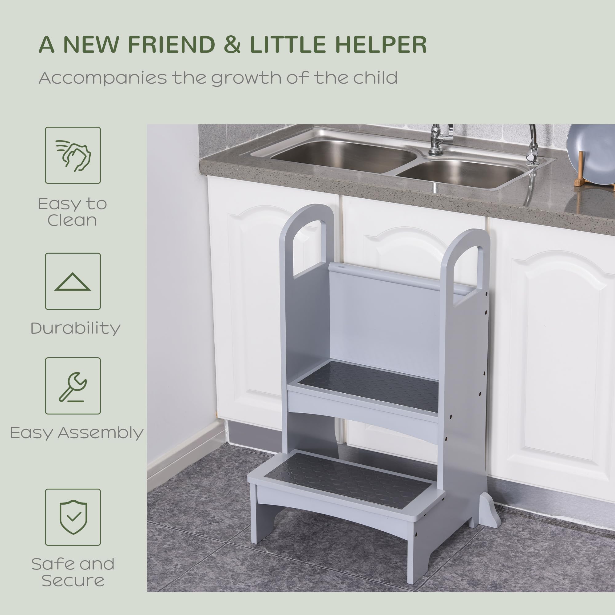 HOMCOM Taburete Madera niño ayudante Cocina, Antideslizante, Asas Gris