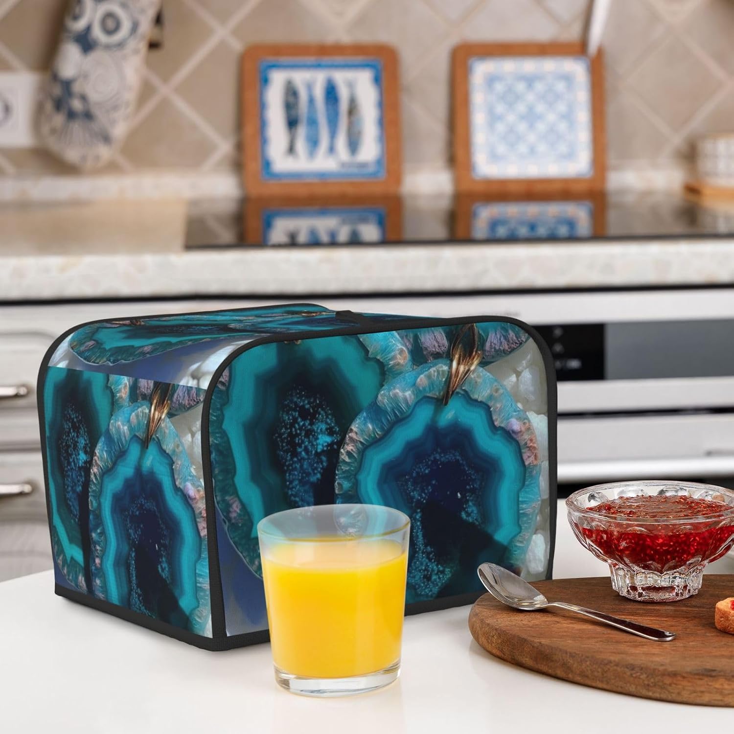 Teal Agate Toaster Cover 4 slice Kitchen Small Appliance Covers with Pockets Toaster Dust Cover with Top Handle Oven Cover Washable Universal Bread Maker Cover for Kitchen