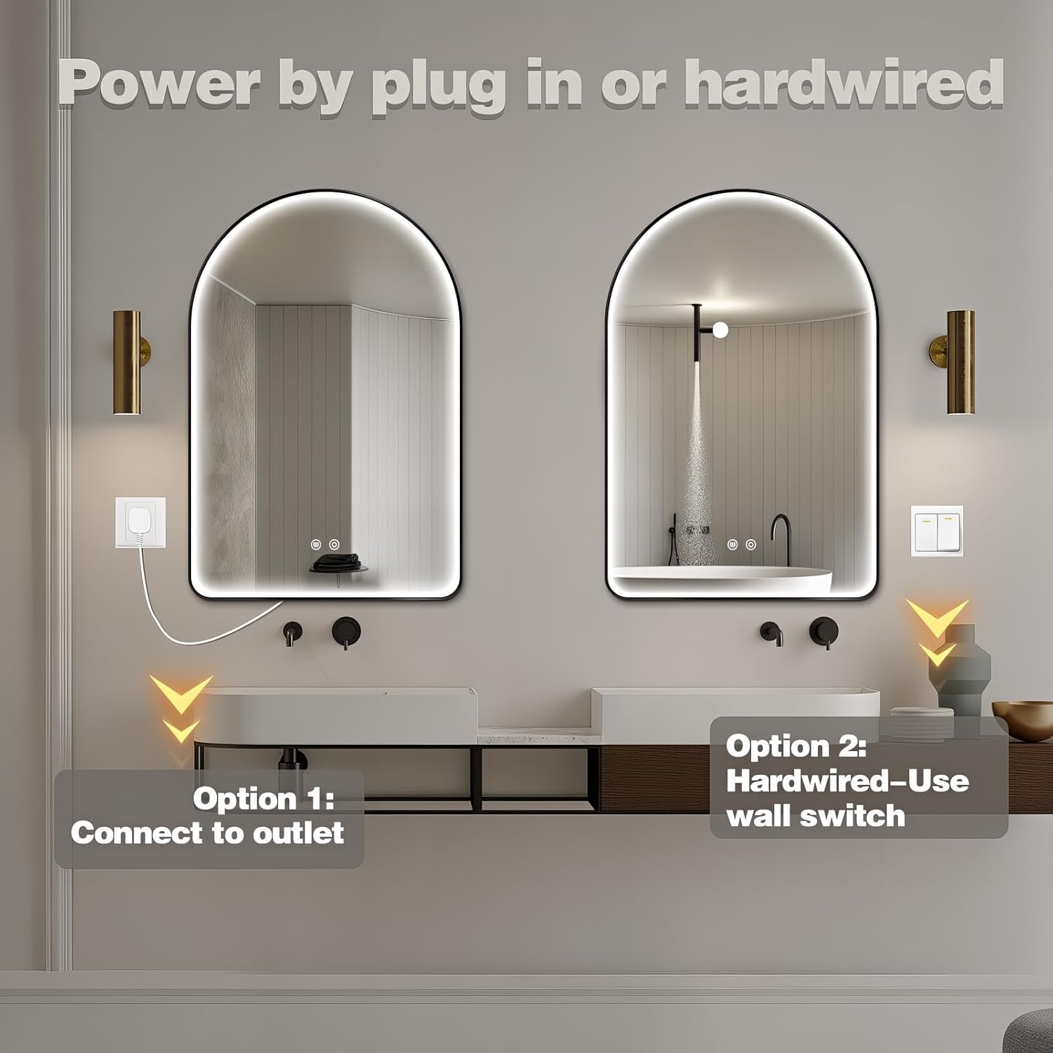 Niccy Arched LED Bathroom Mirror, 30"x20" Black Framed Arch Wall Lighted Mirrors, Arching Frontlit Vanity-Mirror with Memory Function for Bathroom Bedroom, Defogger and 3 Color, Explosion-Proof