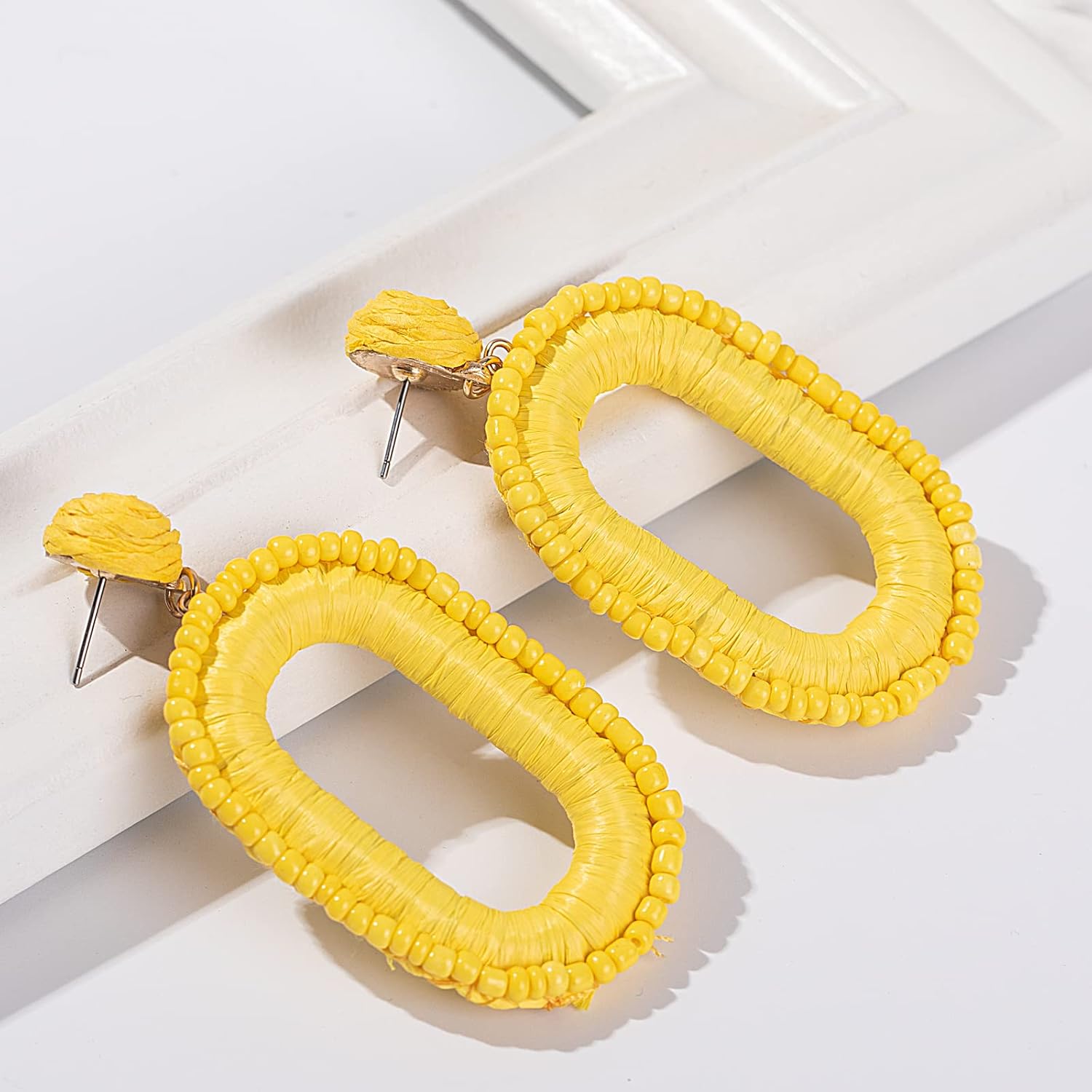 Beaded Raffia Boho Earrings - Cute Seed Bead Square Drop Dangle Earrings for Summer - Image 6