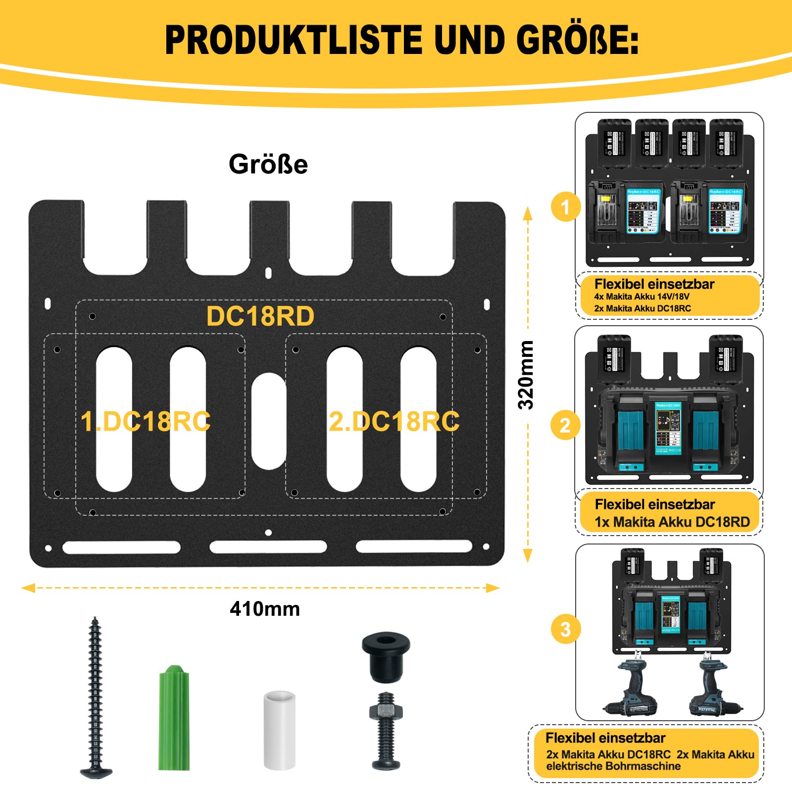 Bonna Support mural pour support de batterie Makita et chargeur mural | Lot de 4 supports de batterie stables 18 V 14,4 V et support de chargeur | Makita 2 x DC18RC et 1 x DC18RD
