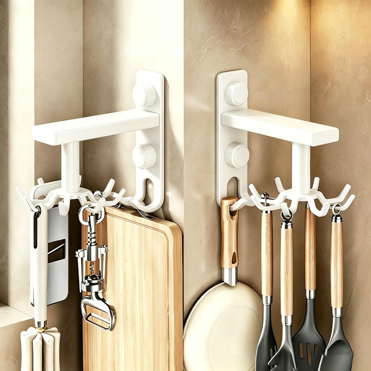 360° Rotating Kitchen Utensil Hook, Self Adhesive Kitchen Utensil Holder with Sliding Rail, Wall Mounted Kitchen Hook Rack for Cooking Tools(White)
