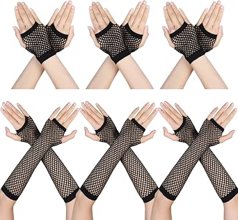 6 Pairs Fishnet Gloves Fingerless Fish Net Arm Sleeves 80s 90s Long Short Fingerless Mesh Gloves Women Halloween