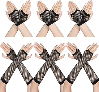 6 Pairs Fishnet Gloves Fingerless Fish Net Arm Sleeves 80s 90s Long Short Fingerless Mesh Gloves Women Halloween