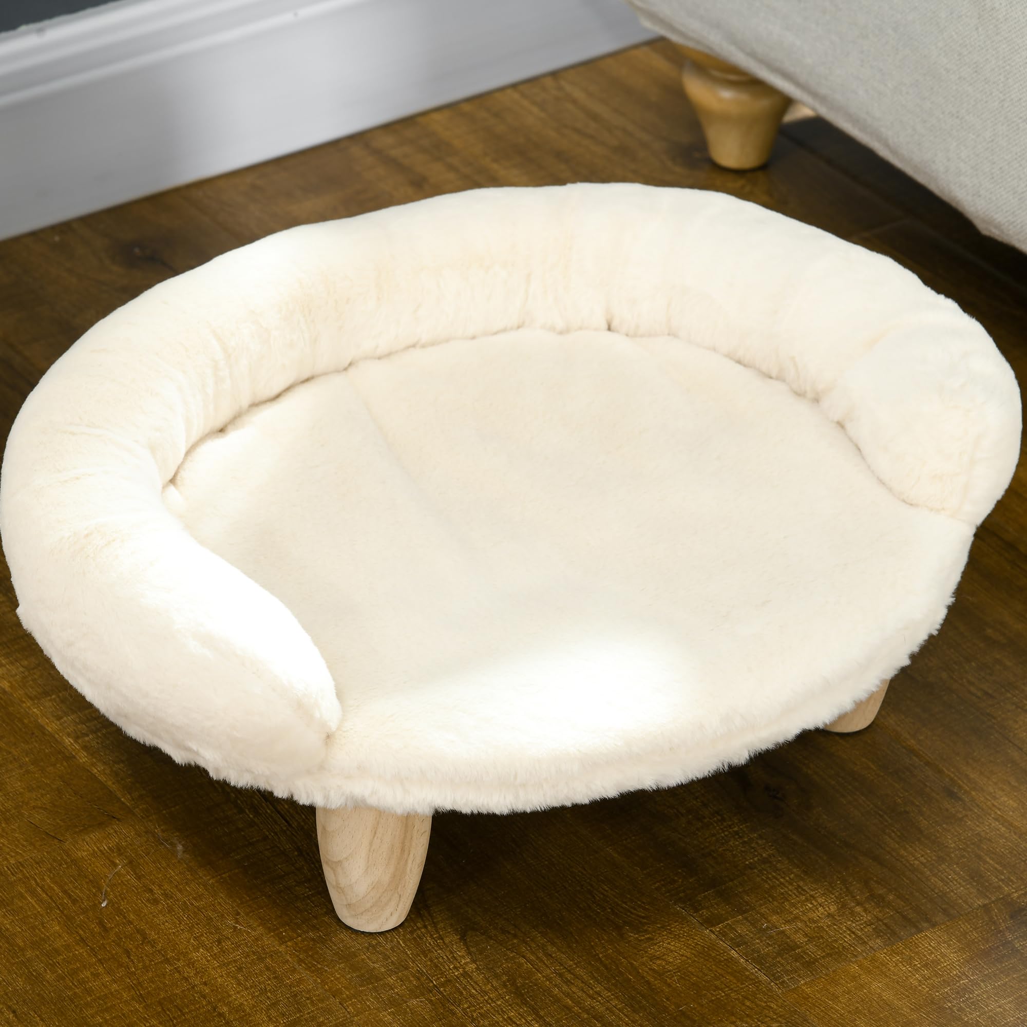 PawHut Katzensofa Hundesofa aus Plüsch Hundebett mit Rückenlehne, Holzbeine, Hundecouch mit weicher Polsterung für Katzen miniaturhunde Hunde 47 x 40 x 20 cm Cremeweiß