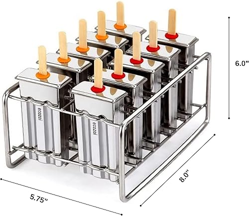 Miniatura 6 de ecozoi Moldes de Paletas de Acero Inoxidable y Estante - 10 Moldeadores de Paletas de Hielo Cuadrados + 50 Palitos de Bambú Reutilizables + 20