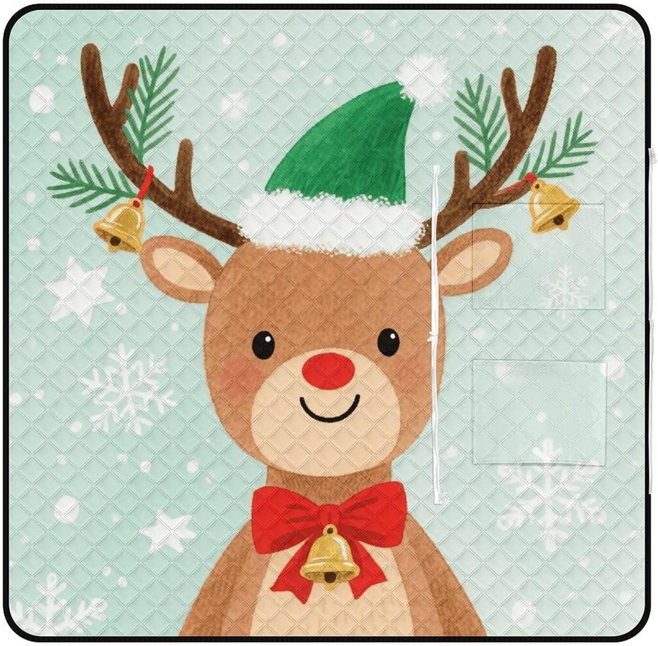 Christmas Deer Picnic Blanket 150x150cm, Foldable 2-in-1 Picnic Mat and Tote Bag Portable Waterproof Beach Mat Sandproof Outdoor Blanket for Park, Hiking, Beach, Camping, Travel