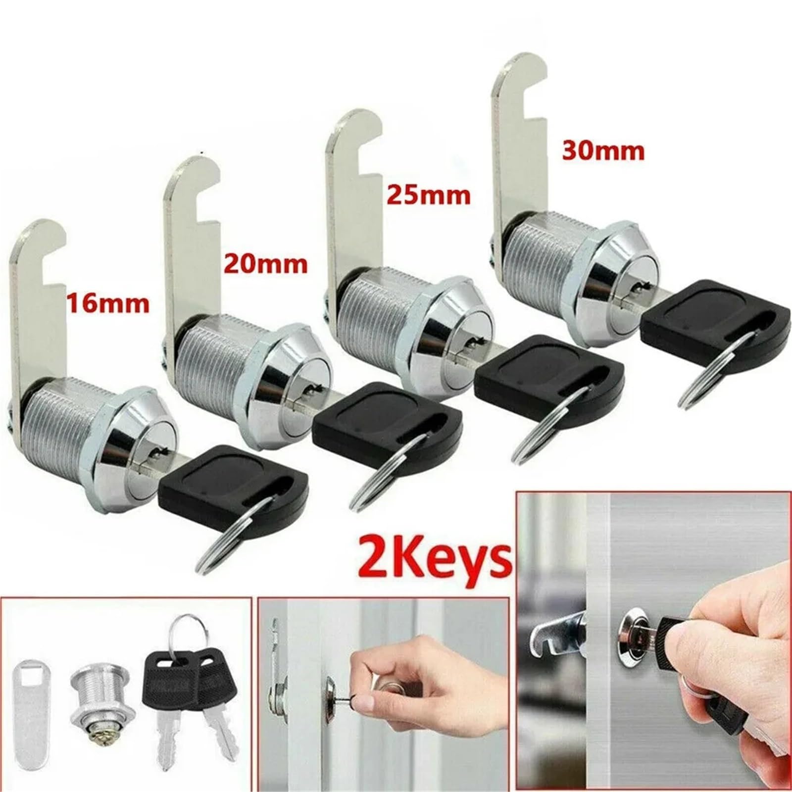 Serrure à came 16/20/25/30 mm pour porte, tiroir, armoire, boîte aux lettres, casier, placard, 2 clés, 1 pièce (C-25 mm fixe)