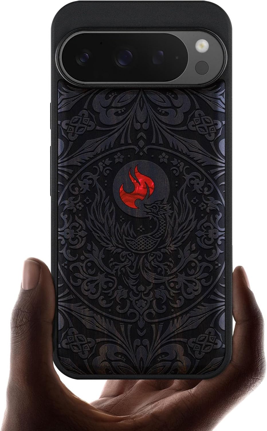 Carveit Magnetic Wooden Case for Google Pixel 9 Pro XL Case, Wood Artisan Engraved & Handmade Shell Inlaid, Compatible with MagSafe Wireless Chargers, The Phoenix Mandala of Renewal - Blackwood