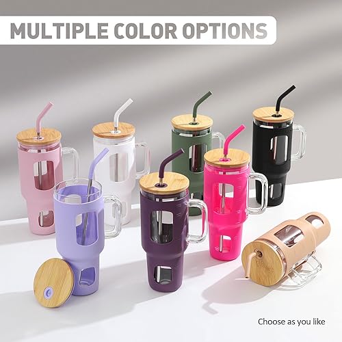 Miniatura 7 de Vaso de vidrio con popote y tapa, taza de vidrio de 40 oz con asa, botellas de agua de vidrio con marcador de tiempo, funda protectora de silicona,