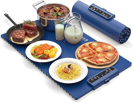 Electric Food Warming Mat Silicone Food Warmer for Parties Buffet, Portable Fast Heating Pads for Food, Pizza Coffee Tea Heater Meat Defrosting Tray Adjustable Temperature Blue