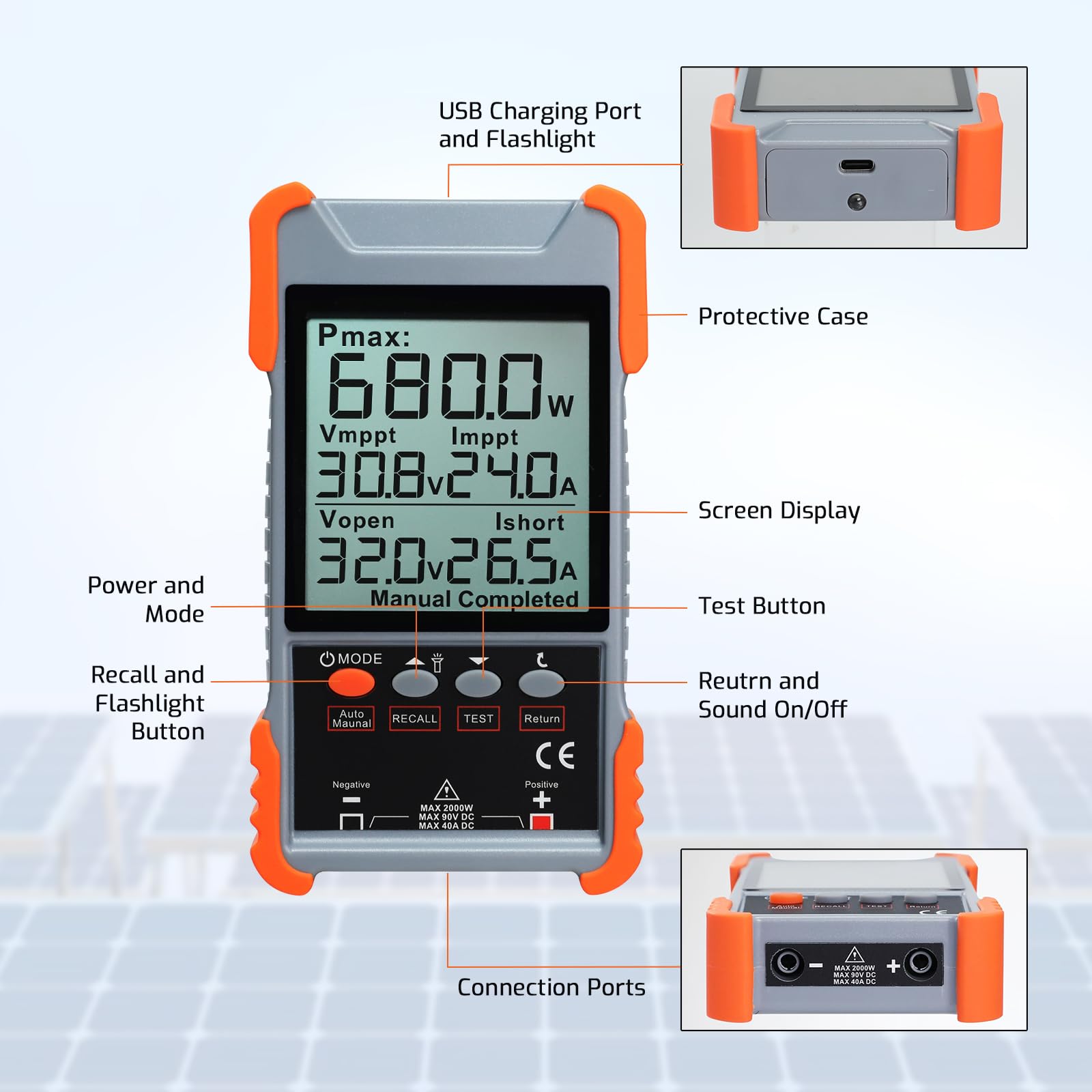 Misuratore Tester per Pannelli Solari con MPPT 2000W 90V 40A, Monitoraggio PV, Test Automatico/Manuale, Schermo LCD, Protezione da Sovratensione/Sovracorrente/Inversione di Polarità/Temperatura
