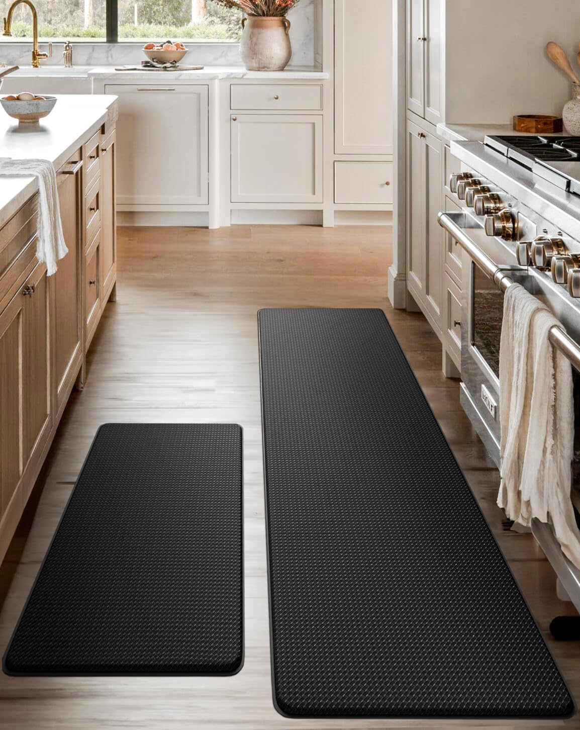 Anti-Fatigue Kitchen Mat Set – 2-Piece Memory Foam Cushioned Mats for Standing – Black, 18×30 & 18×60, 0.4 in Thick, Waterproof, Non-Slip – Homergy