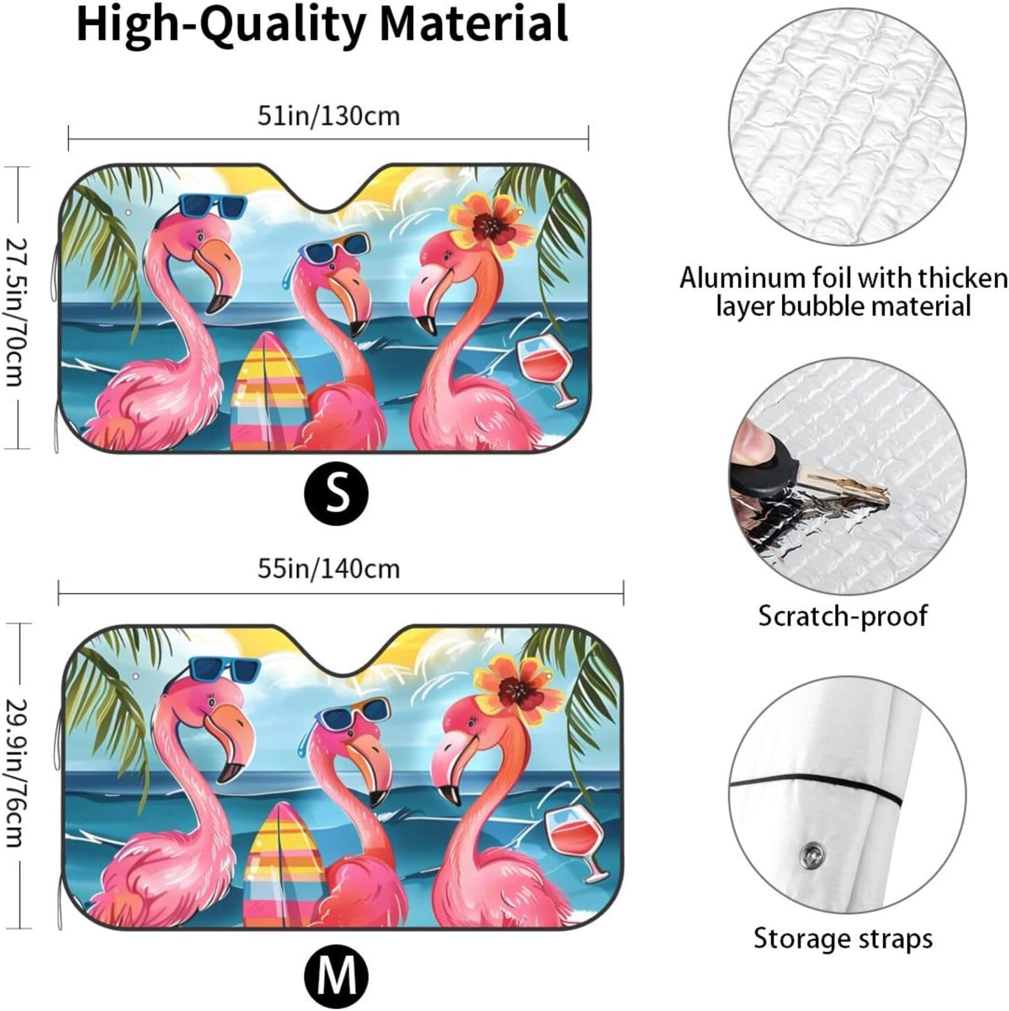 Summer Flamingo Front Windshield Sun Shade, Fancy Flamingo Suction Cup Window Shades for Car Truck SUV - Blocks UV Rays Keeps Your Vehicle Cool - Medium, S-510