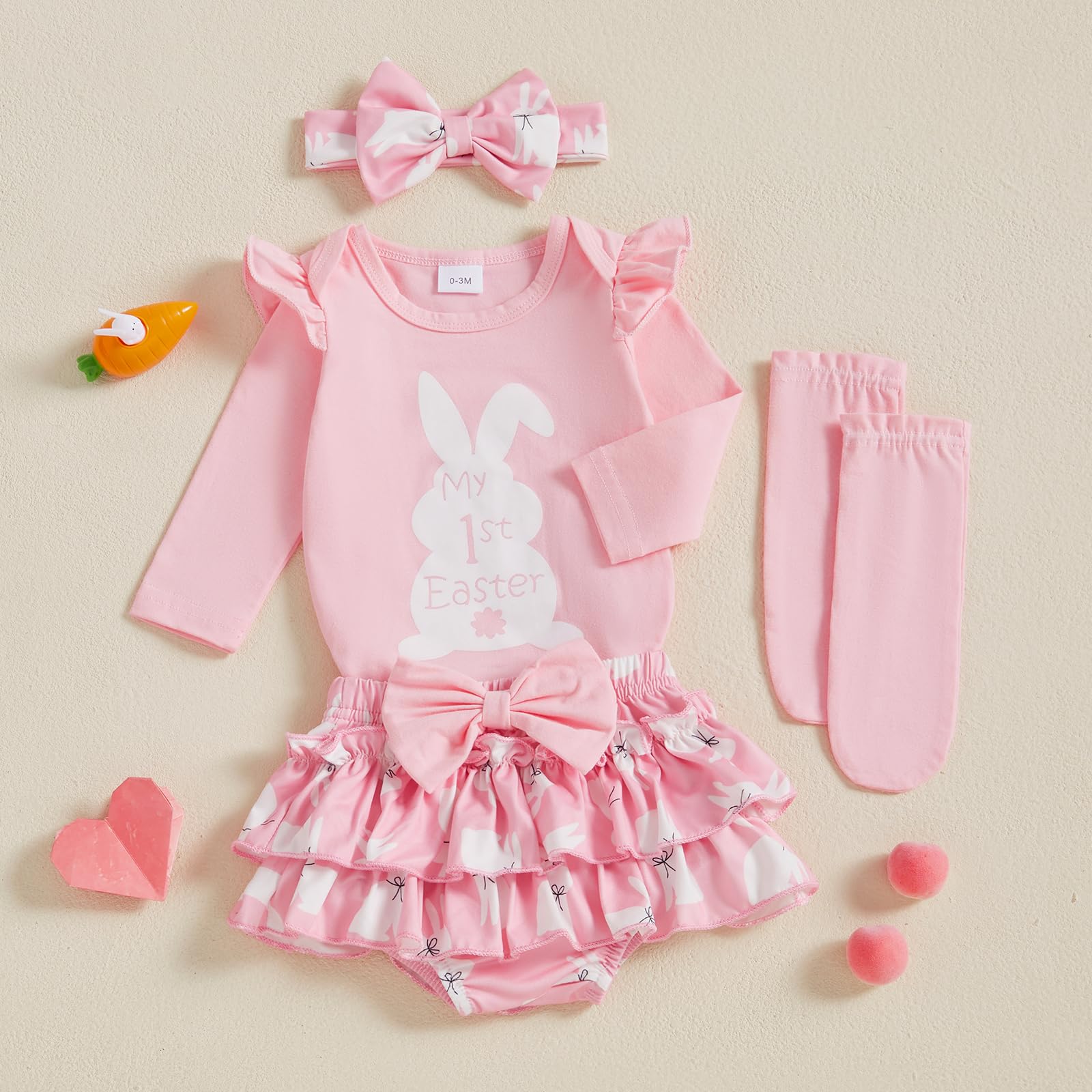 BeQeuewll Oster-Kostüm für Neugeborene, Hasenkleidung, Blumen-Tutu-Rock, Socken, Stirnband für das erste Ostern