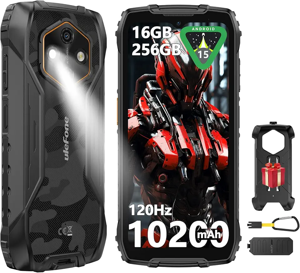 Ulefone RugKing 4 Pro Movil Resistente, Android 15 AI Smartphone 10200mAh 16GB+256GB/SD-2TB 6,56” 120Hz Teléfono, Octa-Core Cámara 48MP+8MP, 120LM Super Torch/3-Slots/IP68/IP69K/OTG/NFC/GPS Negro