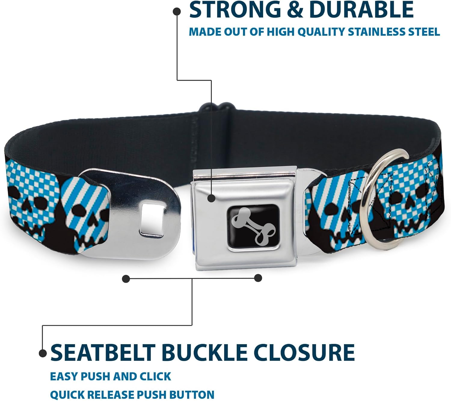 Buckle-Down Seatbelt Buckle Dog Collar - Checker & Stripe Skulls Black/White/Baby Blue - 1" Wide - Fits 15-26" Neck - Large