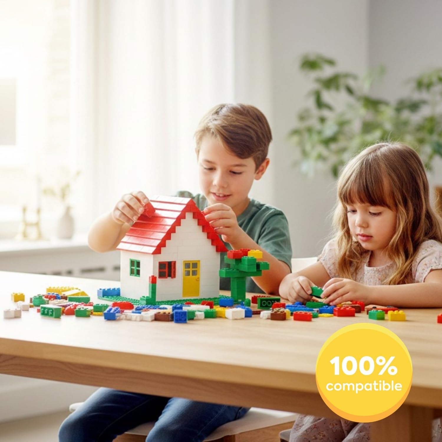 Jeux de Briques de Construction | Ensemble de 400 pièces | Comprend 19 Formes, Dont Portes, fenêtres, tuiles de Toit et plaques de Base | 8 Couleurs | Coffret de Rangement réutilisable