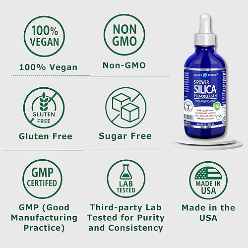 Miniatura 7 de Planet Power SiPower Silica Vegan Collagen + Fulvic Acid 4oz Glass Bottle, Immune System, Maximum Absorption  Concentrated Formula, Bones, Joints,