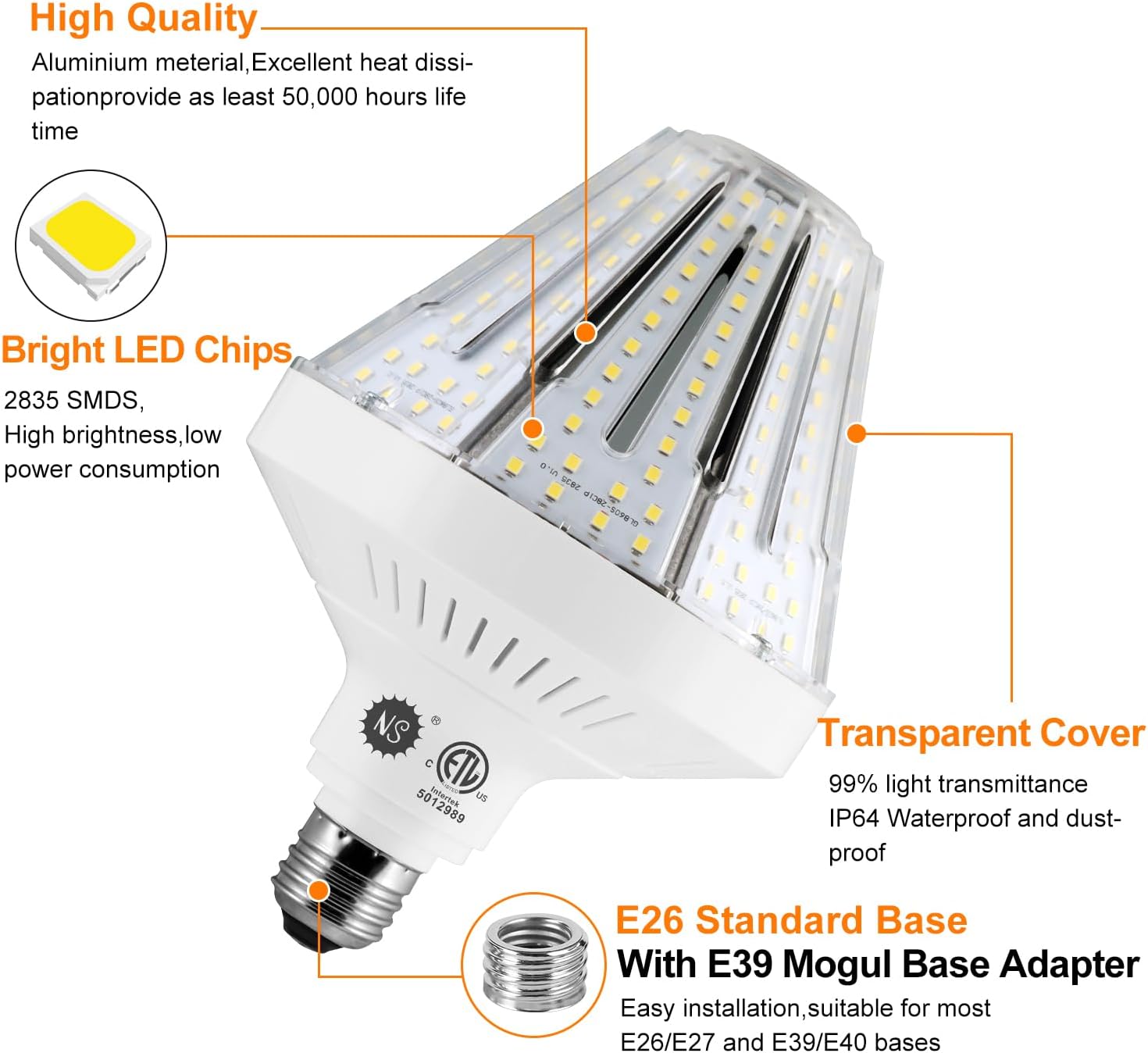 1200W Equivalent Led Corn light bulbs,120W 18000 Lumens LED Corn Bulb 5000K Daylight White Lamp,E26 Medium/E39 Mogul Base,2-Pack Large Area Lights For Outdoor Indoor Garage Warehouse High Bay Lighting