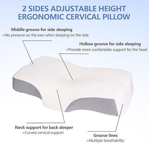 Miniatura 3 de GearMucho Almohada cervical con soporte para la cabeza y el cuello, almohada cervical de espuma viscoelástica ajustable de 2 lados para dormir,