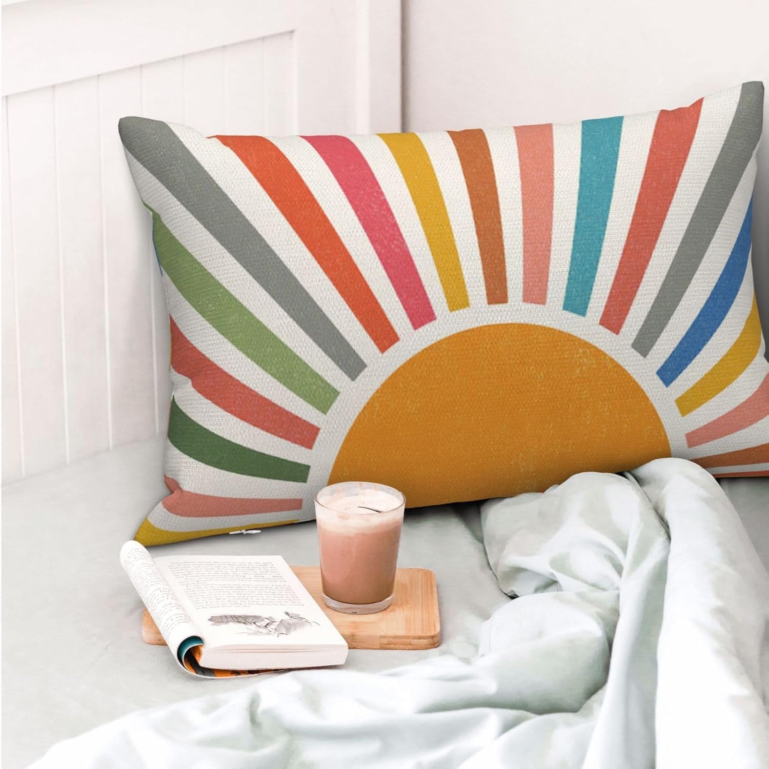 Summer Pillow Covers 12x20 Set of 2 Colorful Stripes Yellow Sunshine Outdoor Throw Pillows Boho Rainbow Sun Decorative Pillowcase Lumbar Modern Farmhouse Cushion Case for Home Bedroom Decor image 2