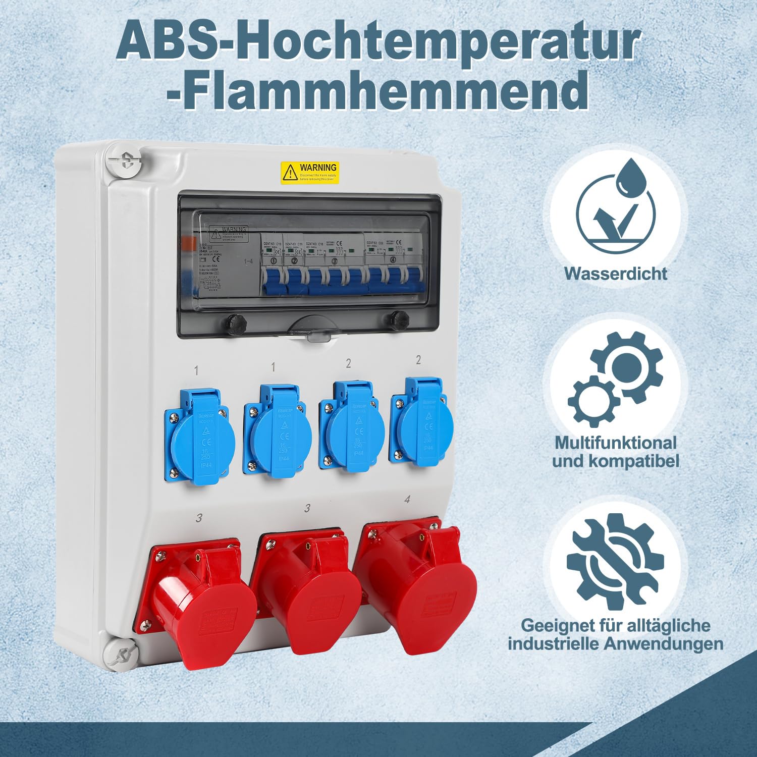 CEE Wandverteiler 32A mit FI, 4 Schuko, IP65 Gehäuse
